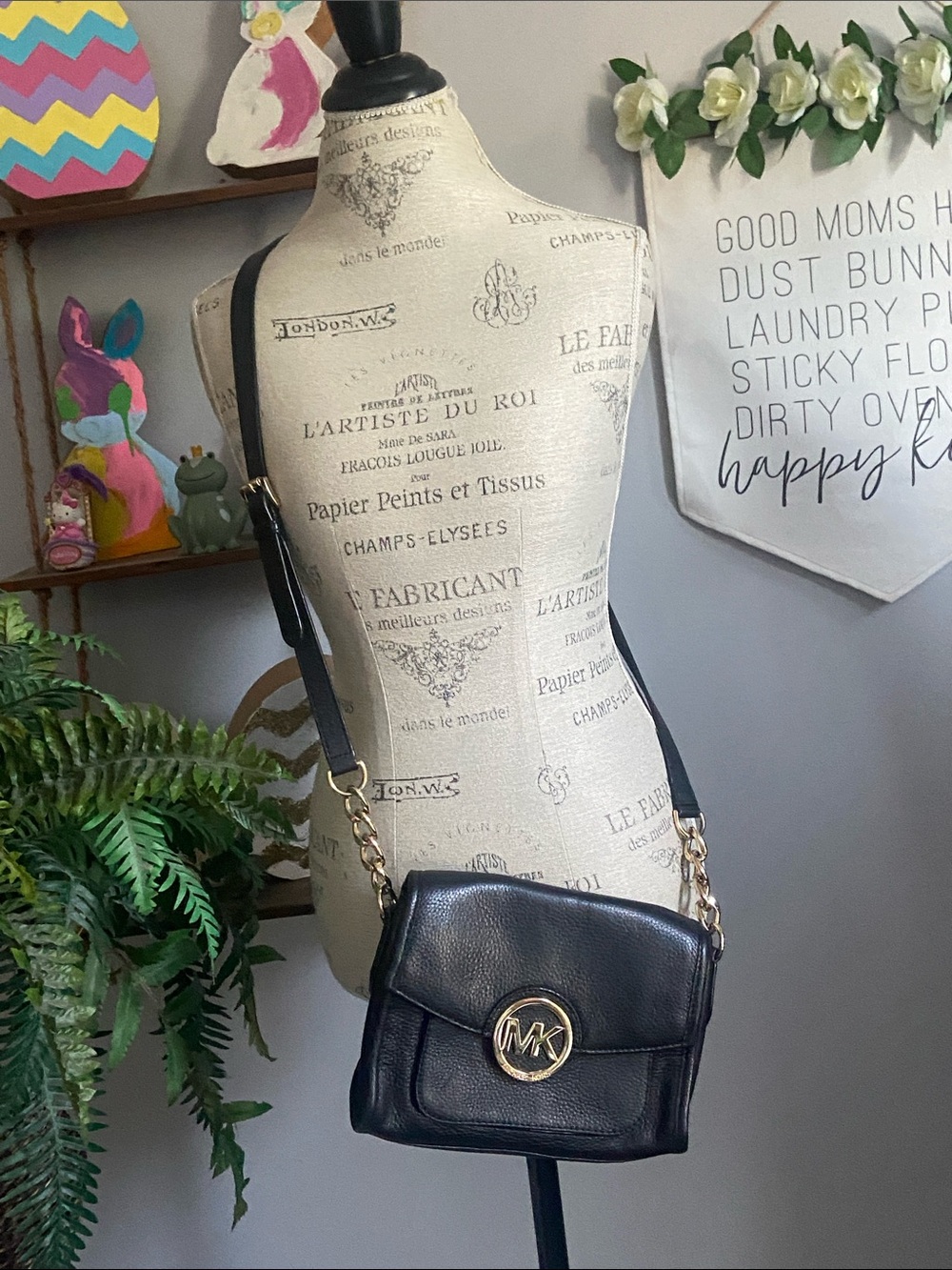 Michael Kors Black Leather Crossbody with Gold MK Emblem Purse Adj Strap
